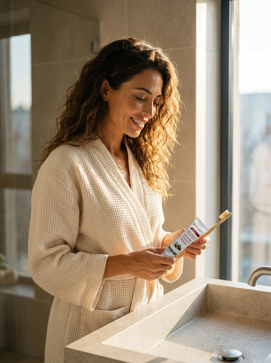 Woman using Das Experten detox toothpaste in a calm sunlit bathroom